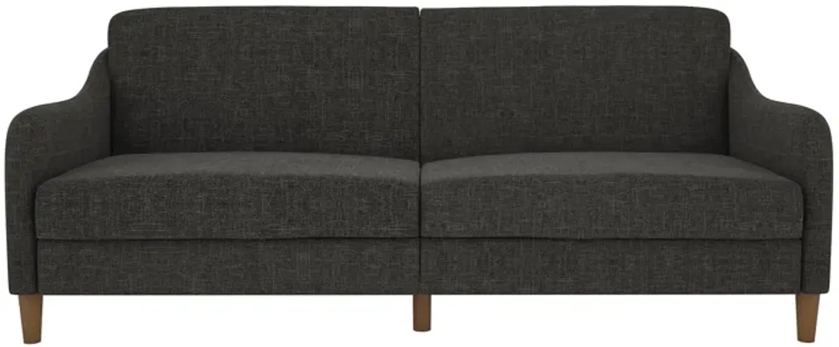 Jasper Coil Futon with Linen or Faux Leather Upholstery and Round Wood Legs