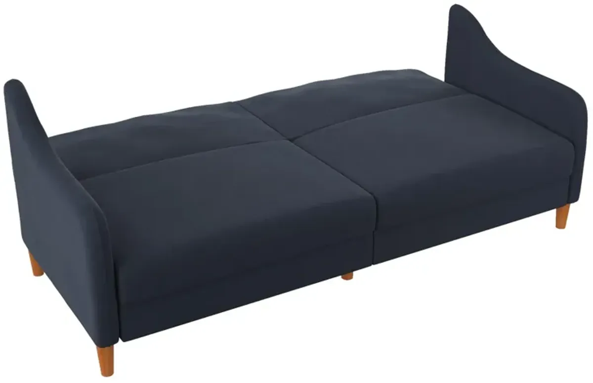 Jasper Coil Futon with Linen or Faux Leather Upholstery and Round Wood Legs