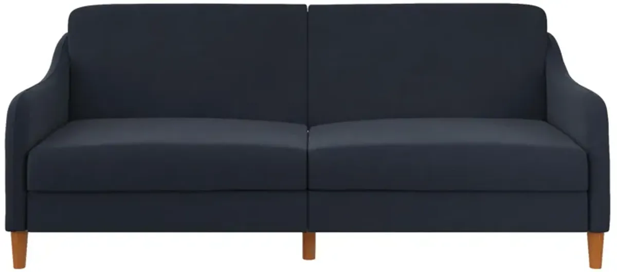 Jasper Coil Futon with Linen or Faux Leather Upholstery and Round Wood Legs