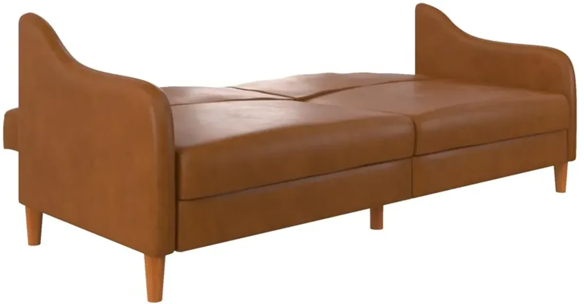 Jasper Coil Futon with Linen or Faux Leather Upholstery and Round Wood Legs