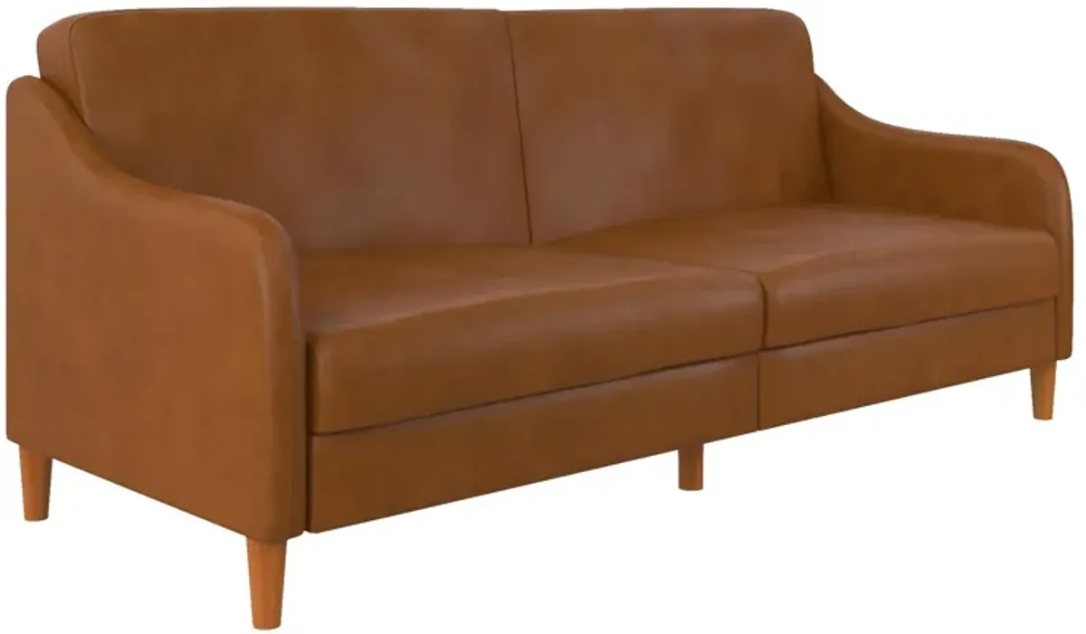 Jasper Coil Futon with Linen or Faux Leather Upholstery and Round Wood Legs