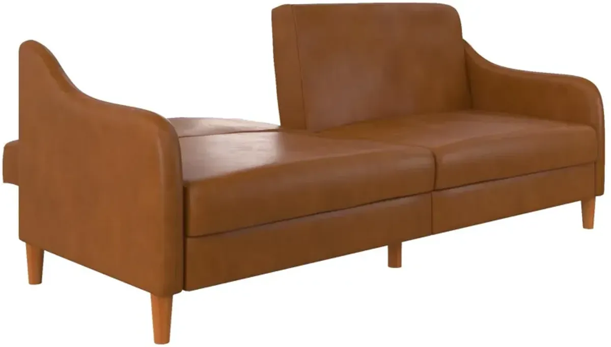 Jasper Coil Futon with Linen or Faux Leather Upholstery and Round Wood Legs