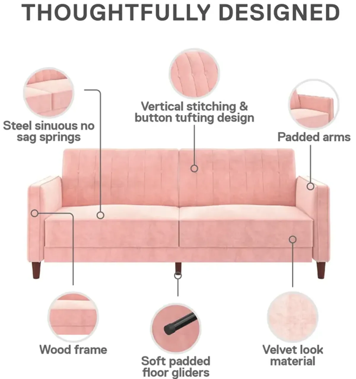 Pin Tufted Transitional Futon with Vertical Stitching and Button Tufting