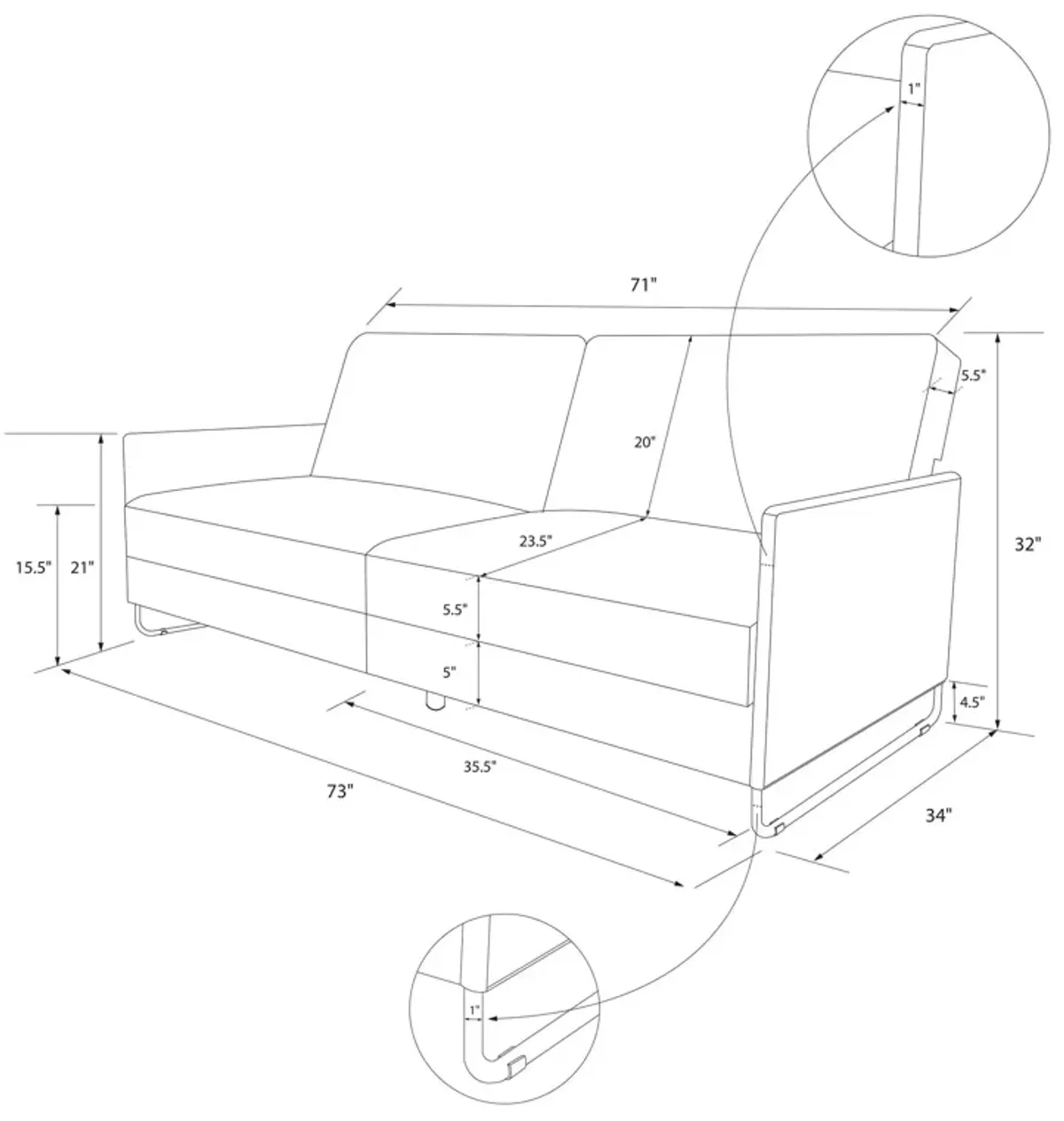 Pembroke Convertible Futon with Armrests and Metal Sleigh Legs