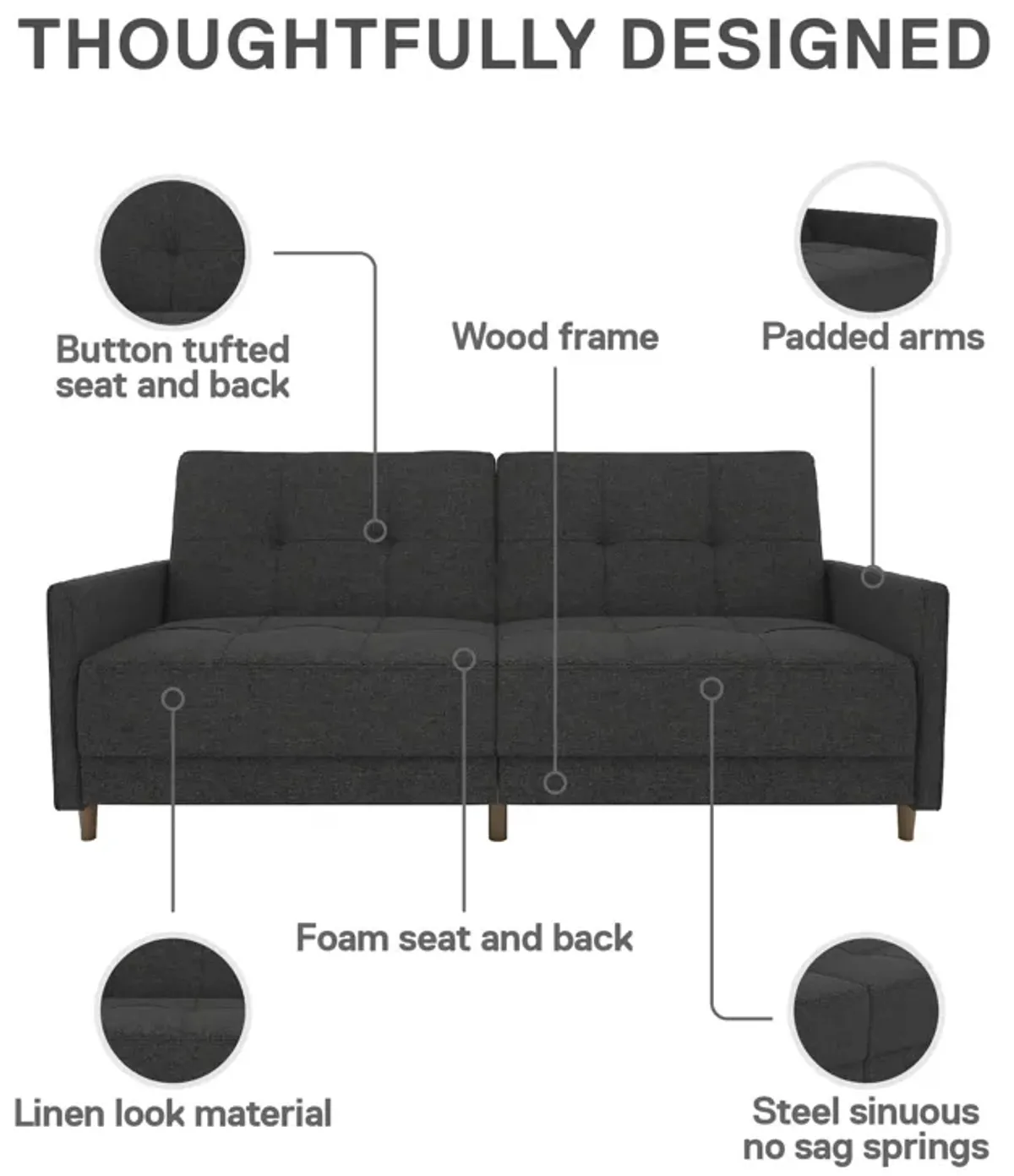 Andora Tufted Upholstered Coil Futon with Wooden Legs