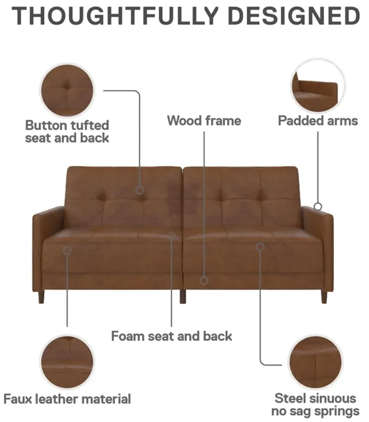 Andora Tufted Upholstered Coil Futon with Wooden Legs