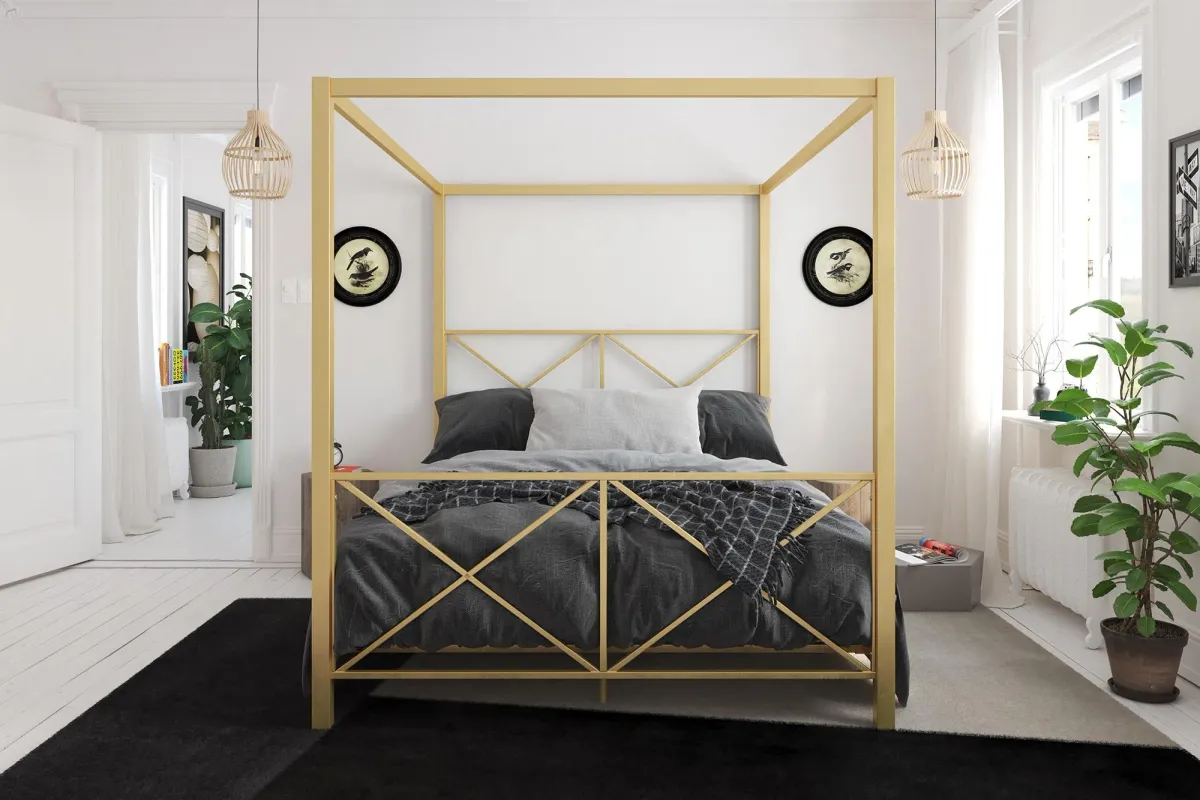 Rosedale Metal Four-Poster Canopy Bed with Crisscross Headboard and Footboard