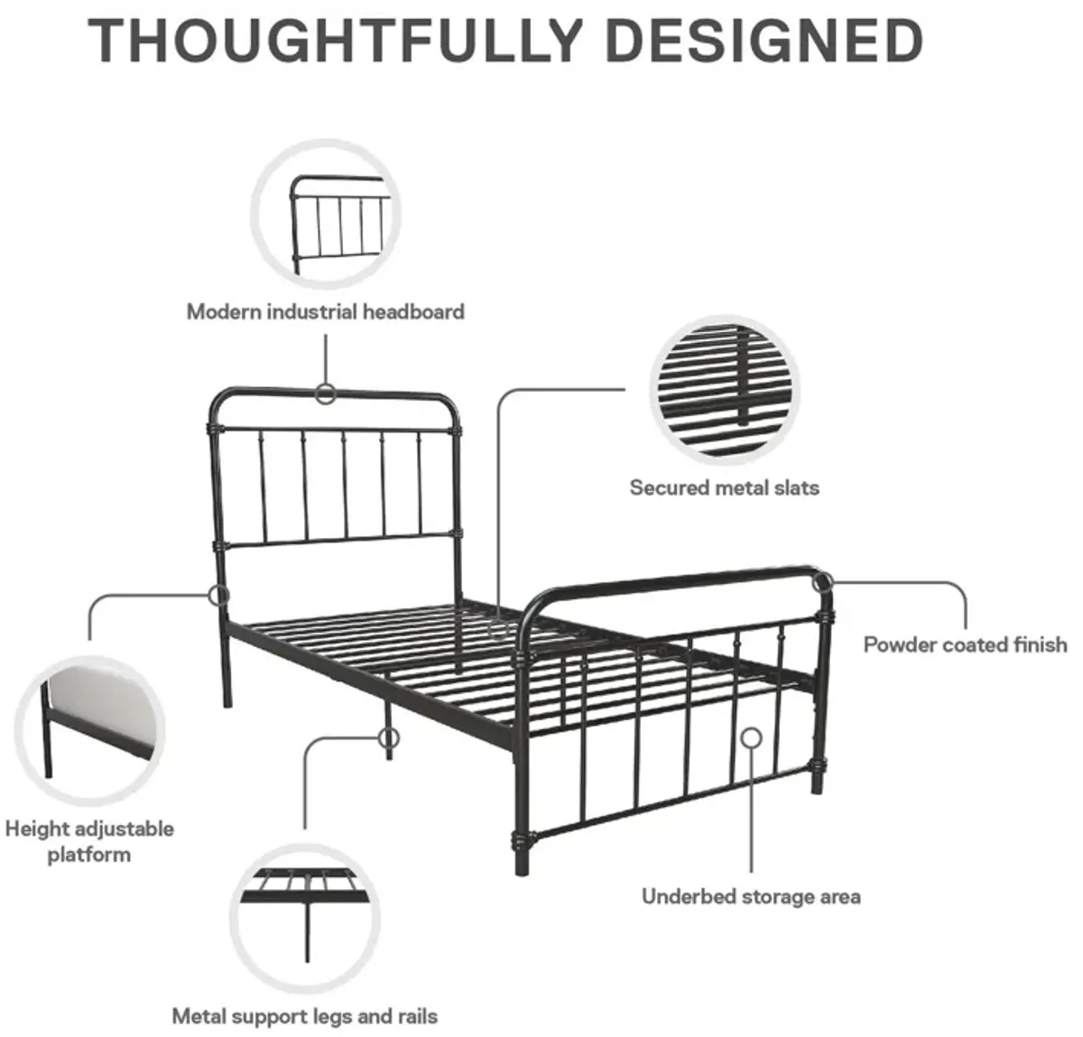 Wallace Spindle Metal Bed with Elegant Curves and Slats