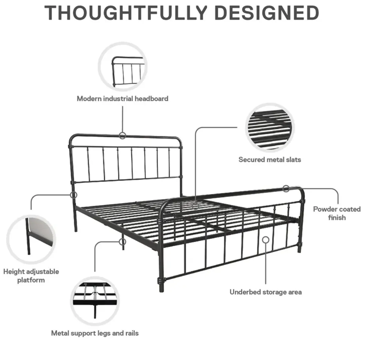 Wallace Spindle Metal Bed with Elegant Curves and Slats