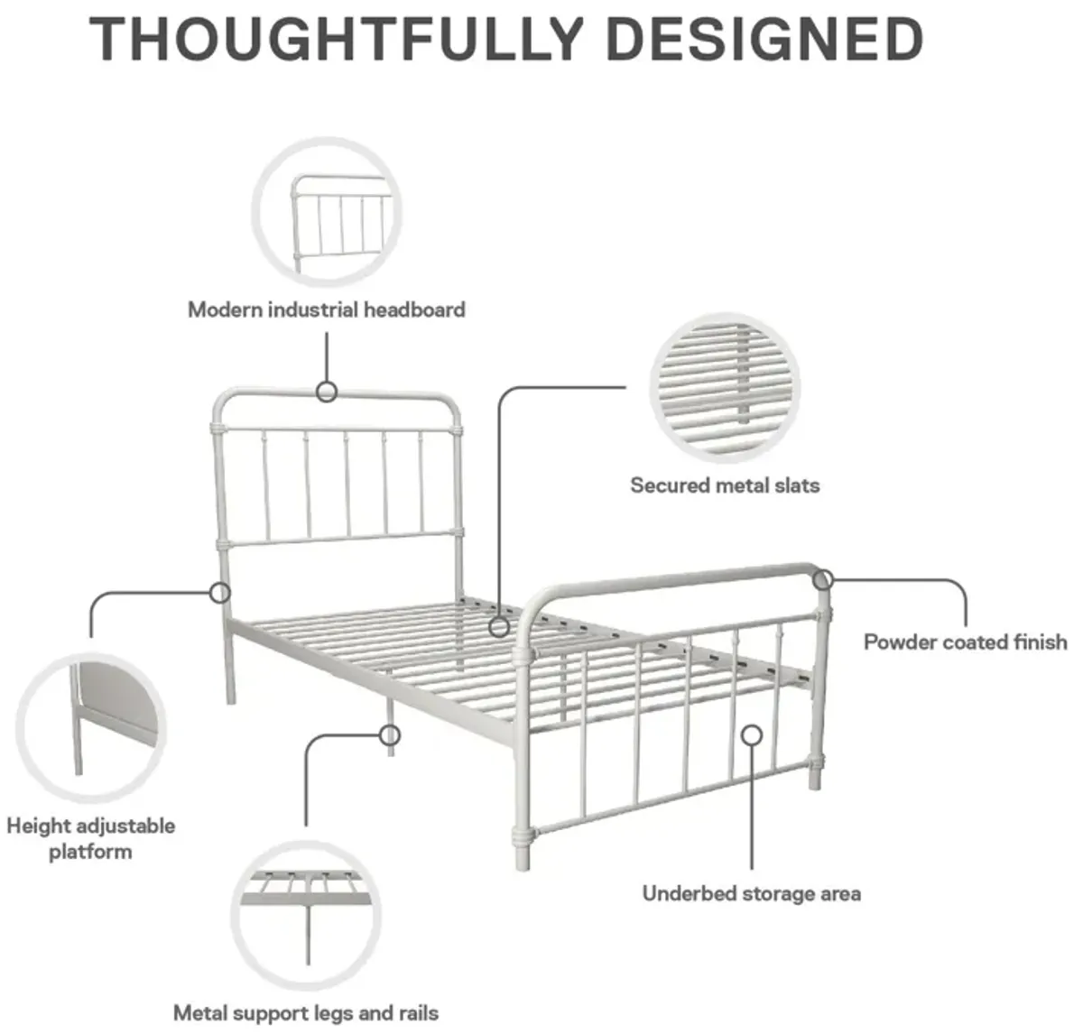 Wallace Spindle Metal Bed with Elegant Curves and Slats