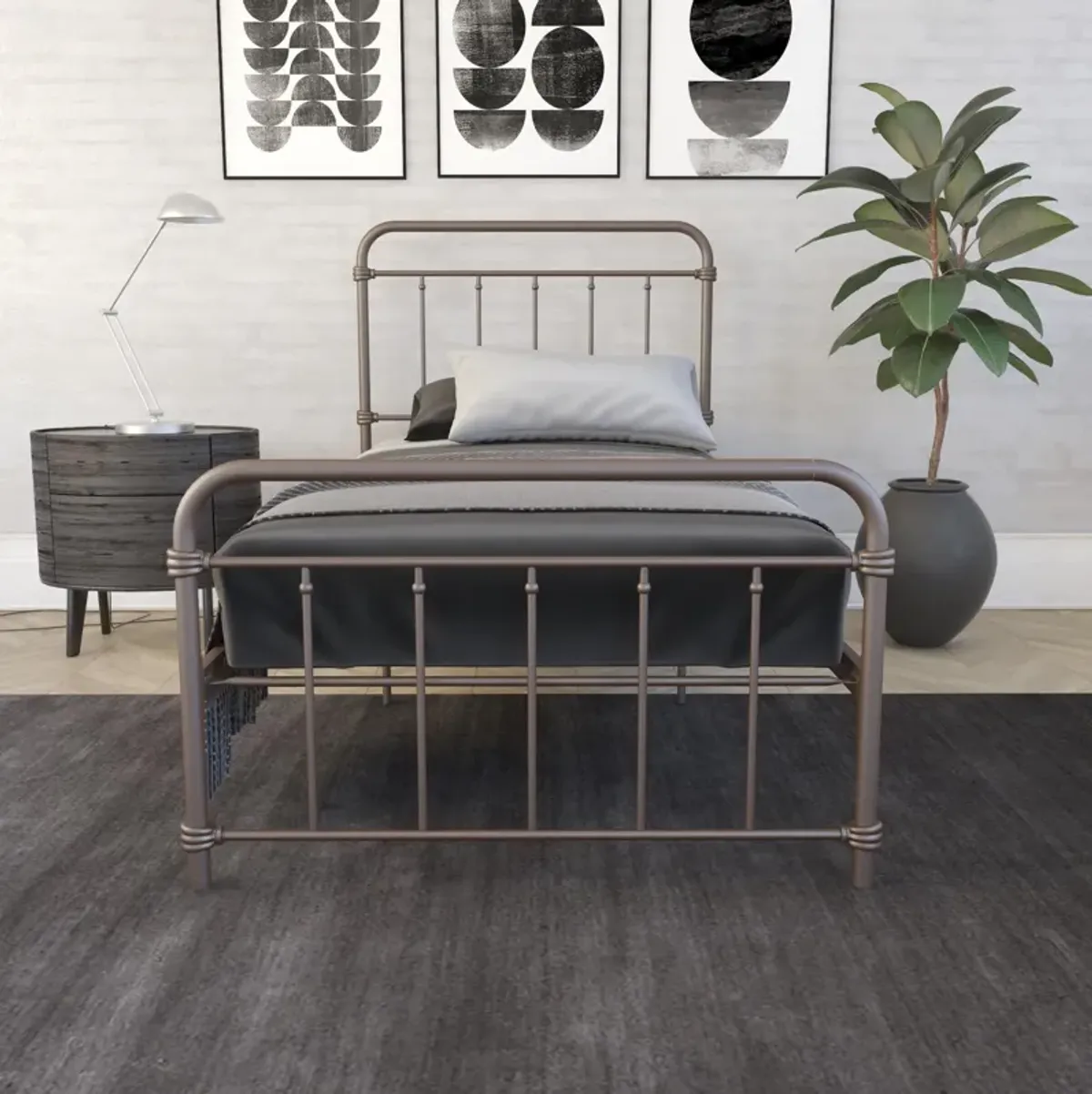 Wallace Spindle Metal Bed with Elegant Curves and Slats