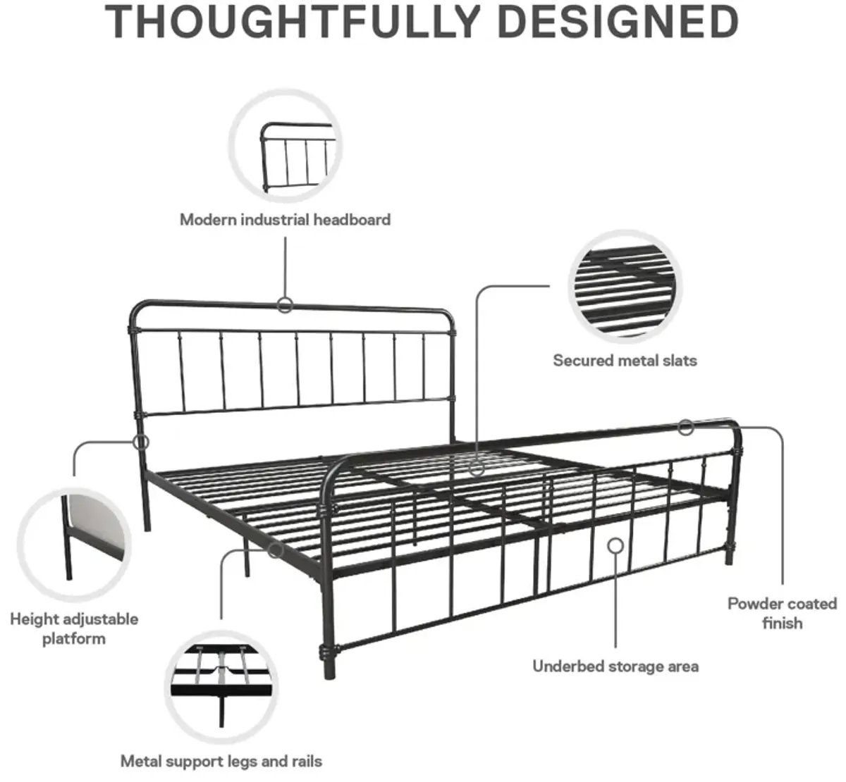 Wallace Spindle Metal Bed with Elegant Curves and Slats