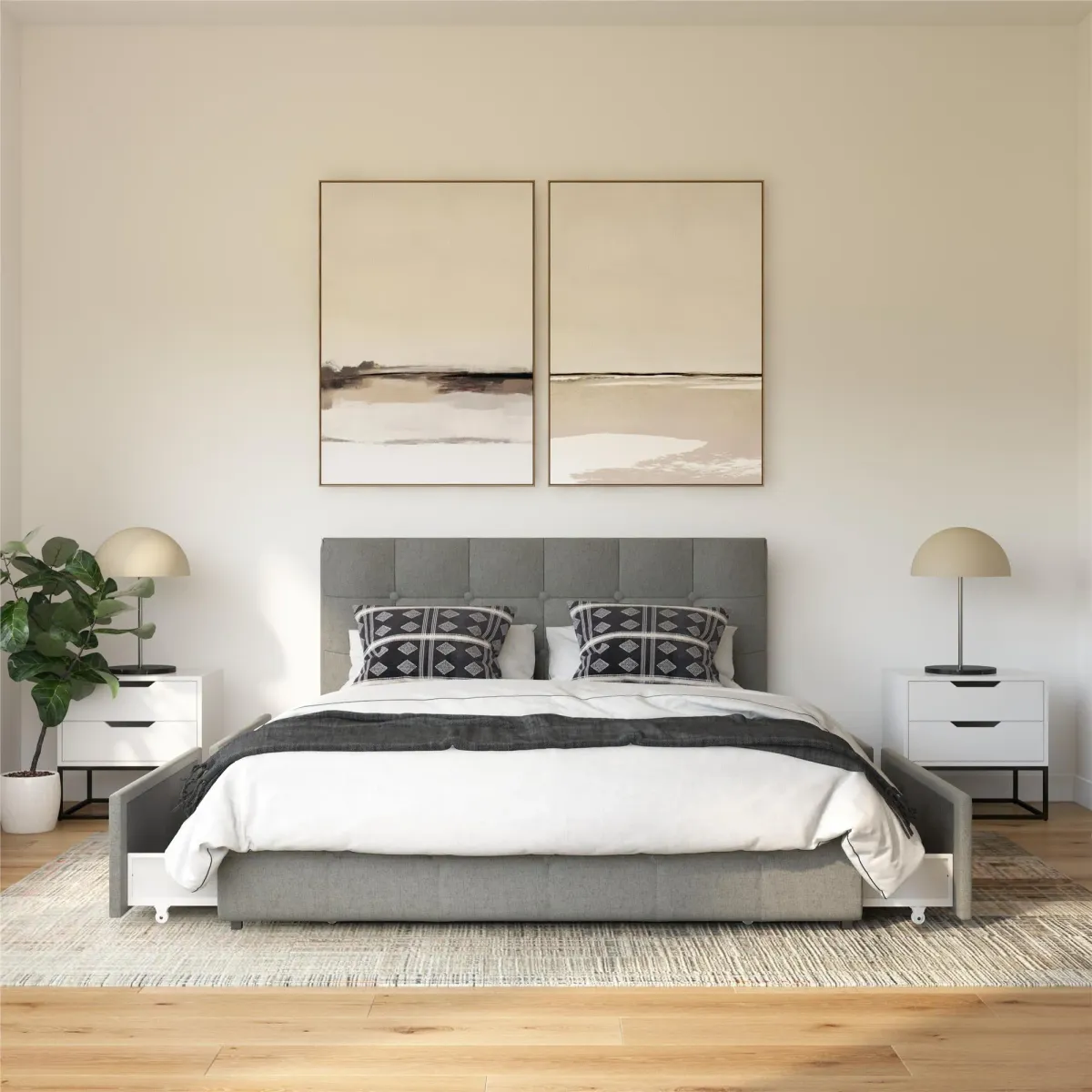 Rose Upholstered Bed with Button Tufted Detail and Storage Drawers