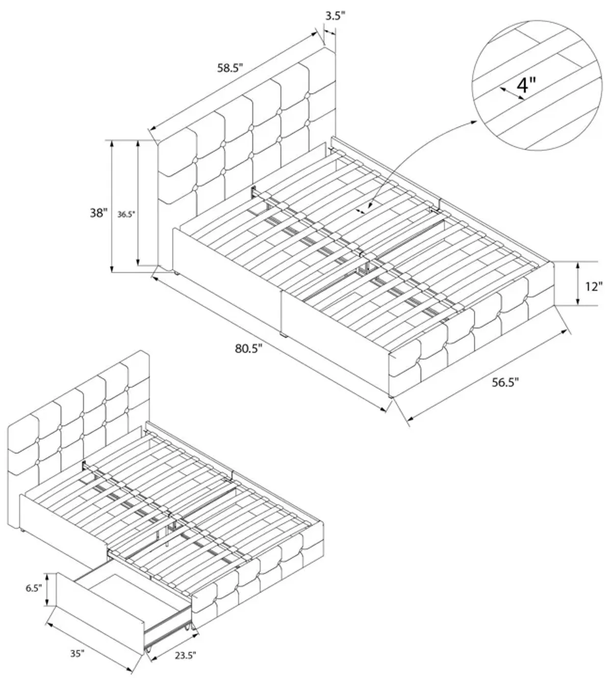 Rose Upholstered Bed with Button Tufted Detail and Storage Drawers