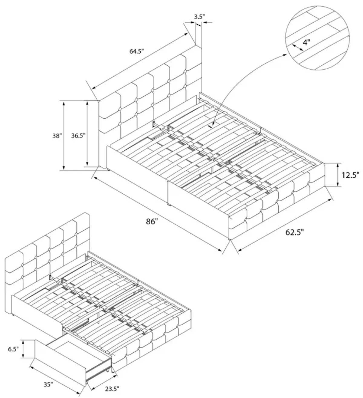 Rose Upholstered Bed with Button Tufted Detail and Storage Drawers