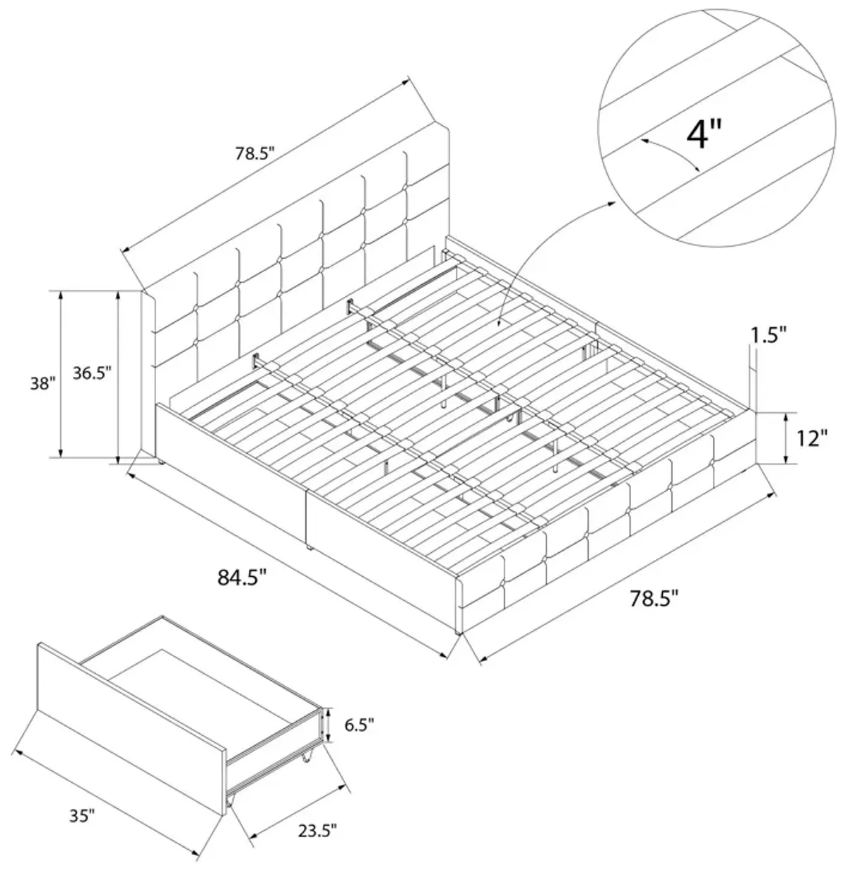 Rose Upholstered Bed with Button Tufted Detail and Storage Drawers