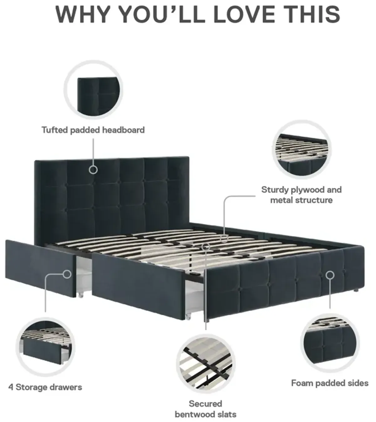 Rose Upholstered Bed with Button Tufted Detail and Storage Drawers