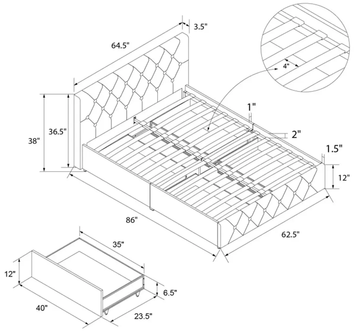 Dakota Upholstered Bed with Left Or Right Storage Drawers