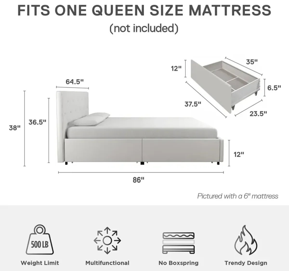 Dakota Upholstered Bed with Left Or Right Storage Drawers