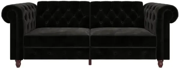 Felix Chesterfield Futon in Velvet Upholstery with Victorian Wood Padded Legs