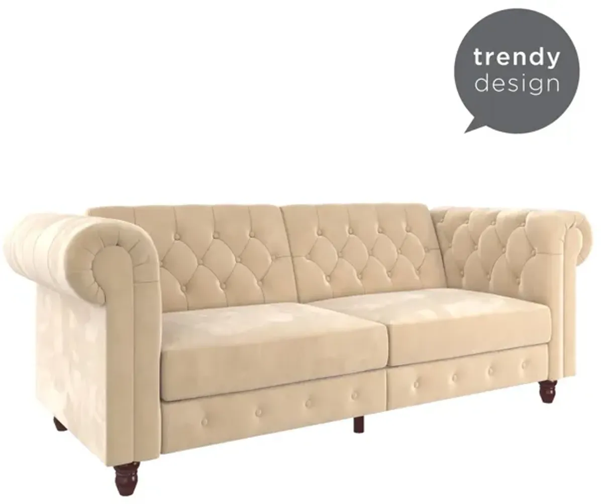 Felix Chesterfield Futon in Velvet Upholstery with Victorian Wood Padded Legs