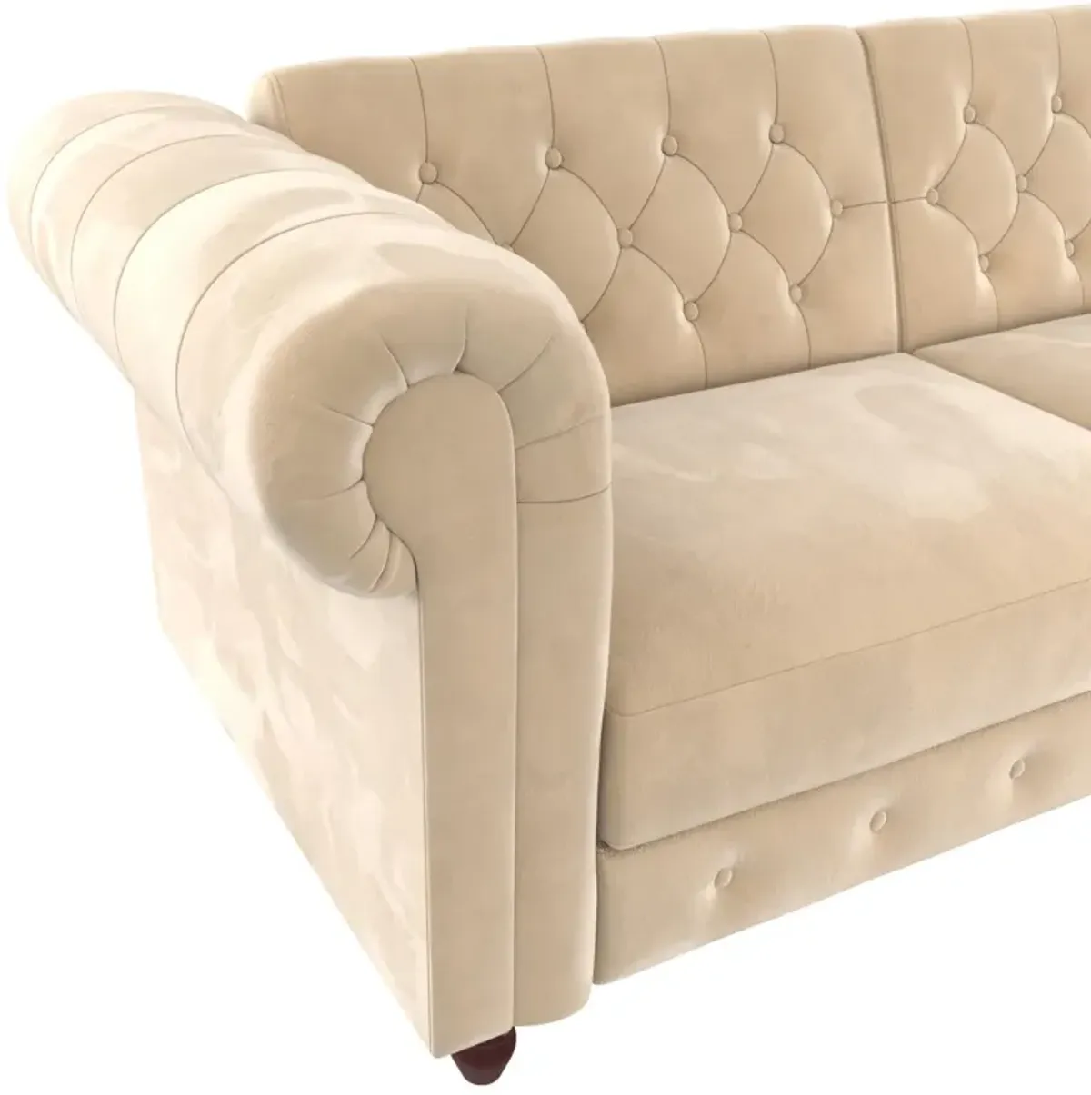 Felix Chesterfield Futon in Velvet Upholstery with Victorian Wood Padded Legs