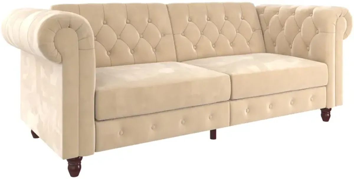 Felix Chesterfield Futon in Velvet Upholstery with Victorian Wood Padded Legs