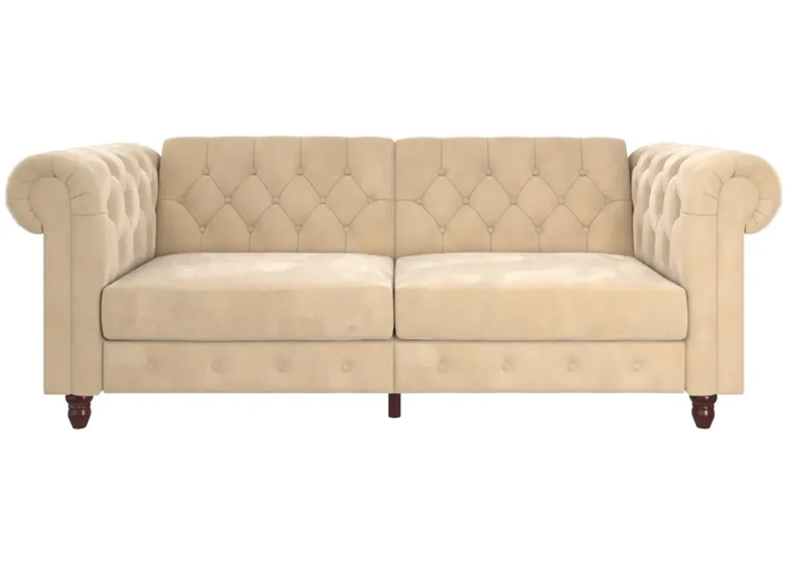 Felix Chesterfield Futon in Velvet Upholstery with Victorian Wood Padded Legs