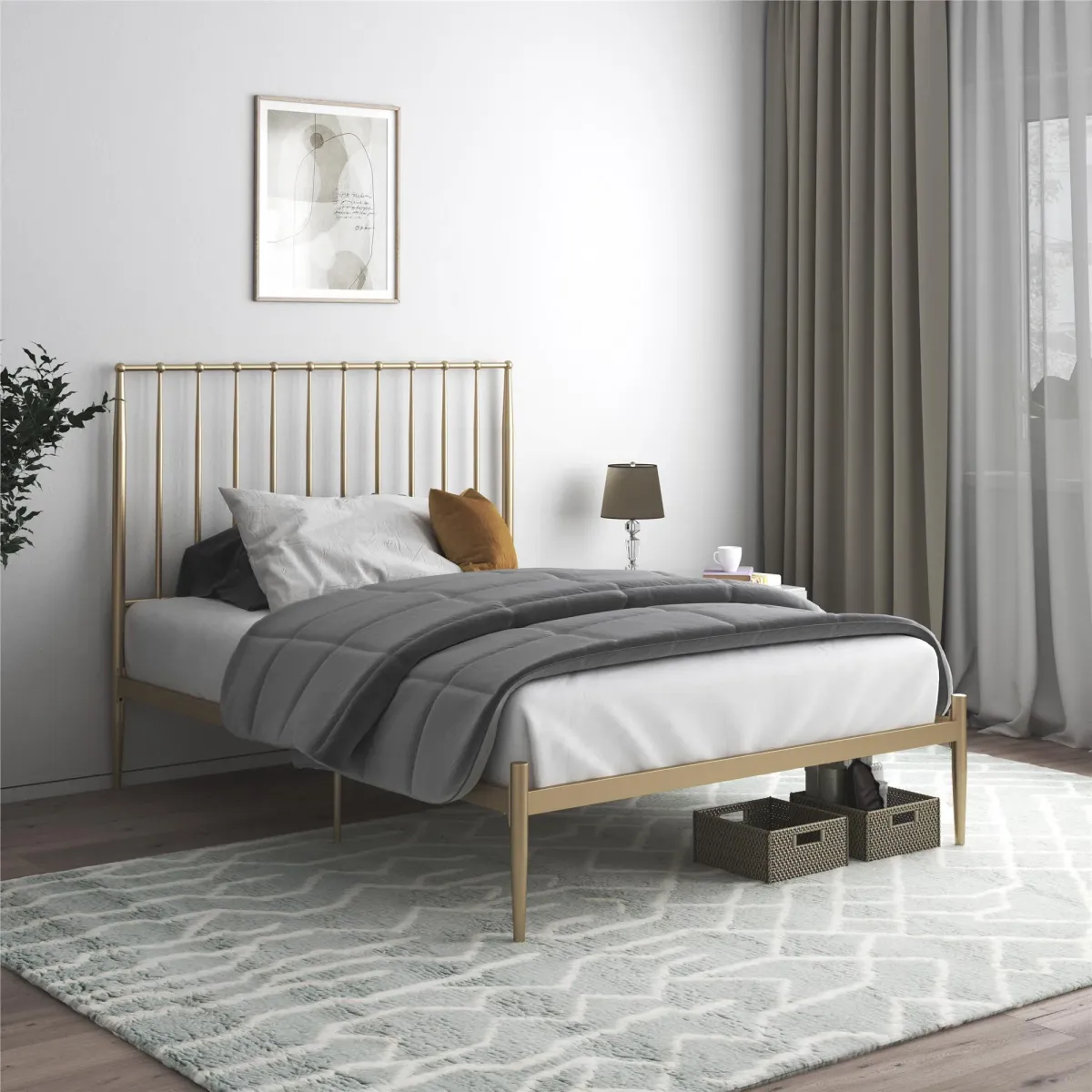 Giulia Modern Metal Platform Bed with Headboard and Underbed Clearance