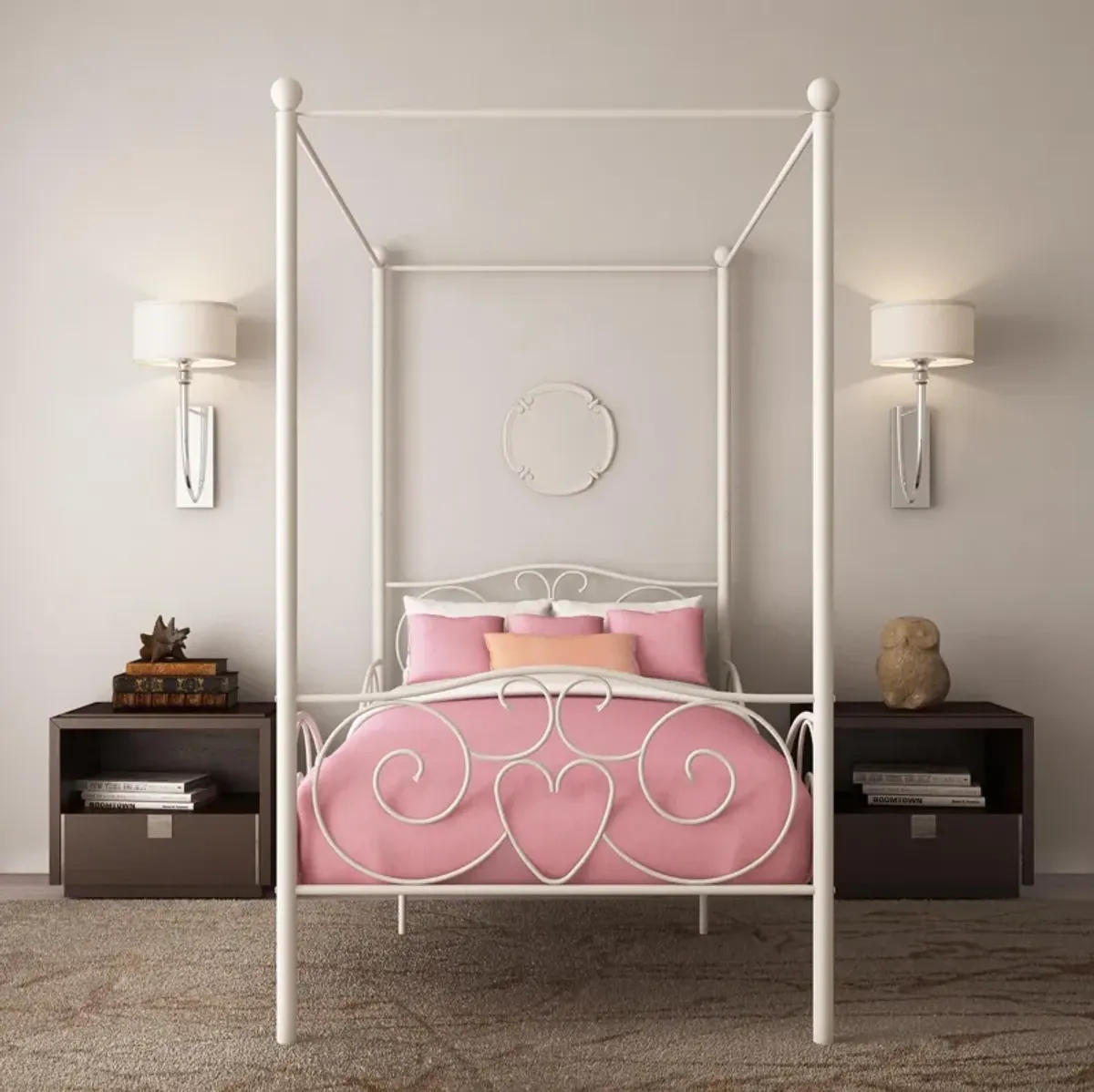 Canopy Metal Bed Frame with Intricate Design Headboard and Secured Slats