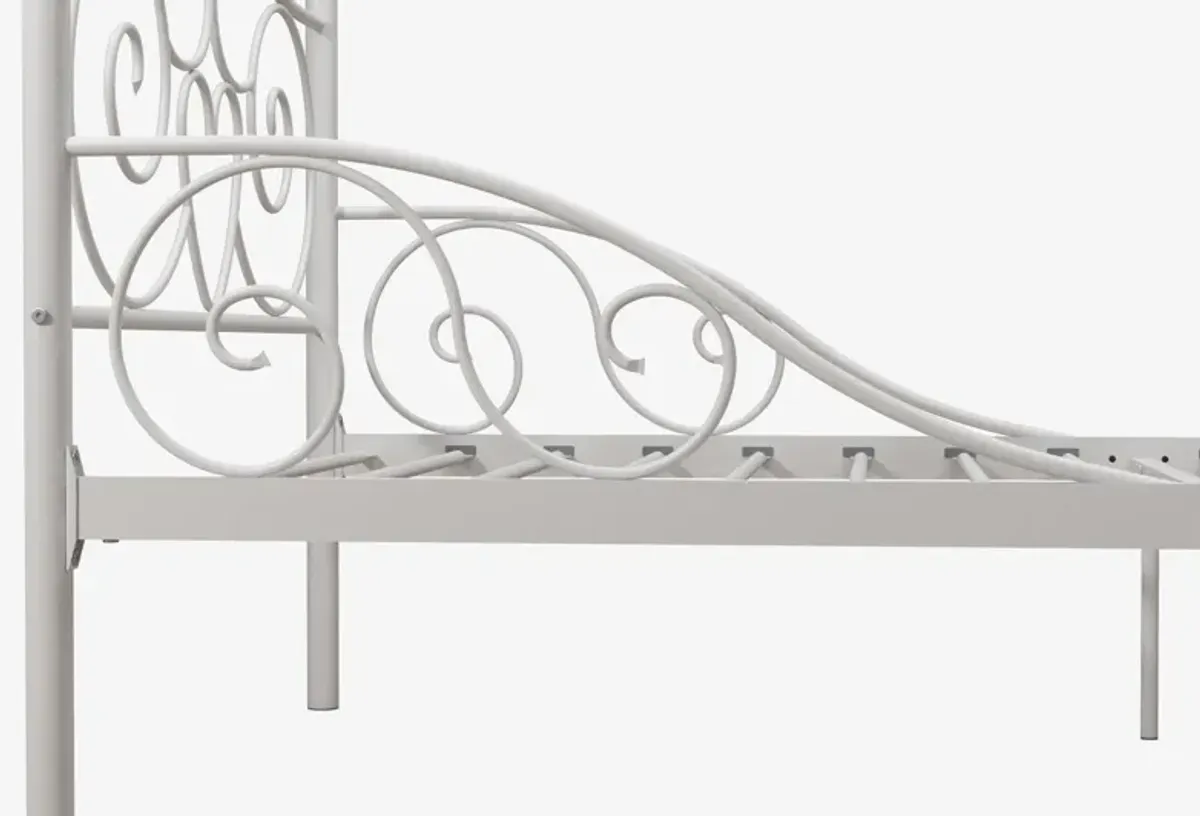 Canopy Metal Bed Frame with Intricate Design Headboard and Secured Slats