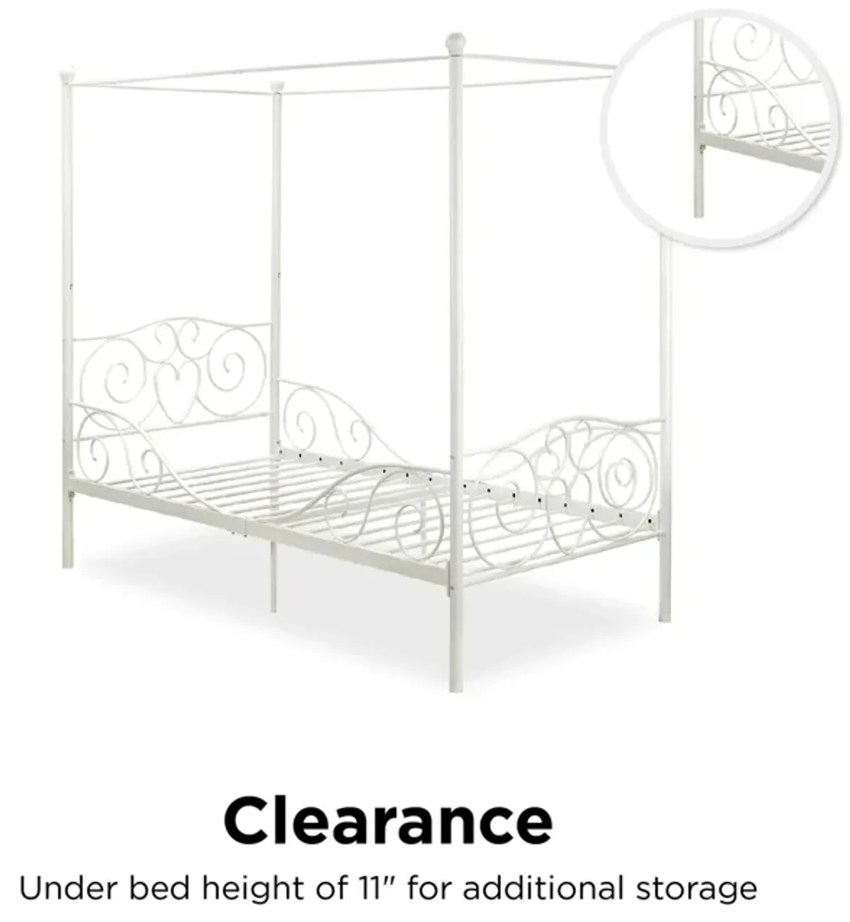 Canopy Metal Bed Frame with Intricate Design Headboard and Secured Slats