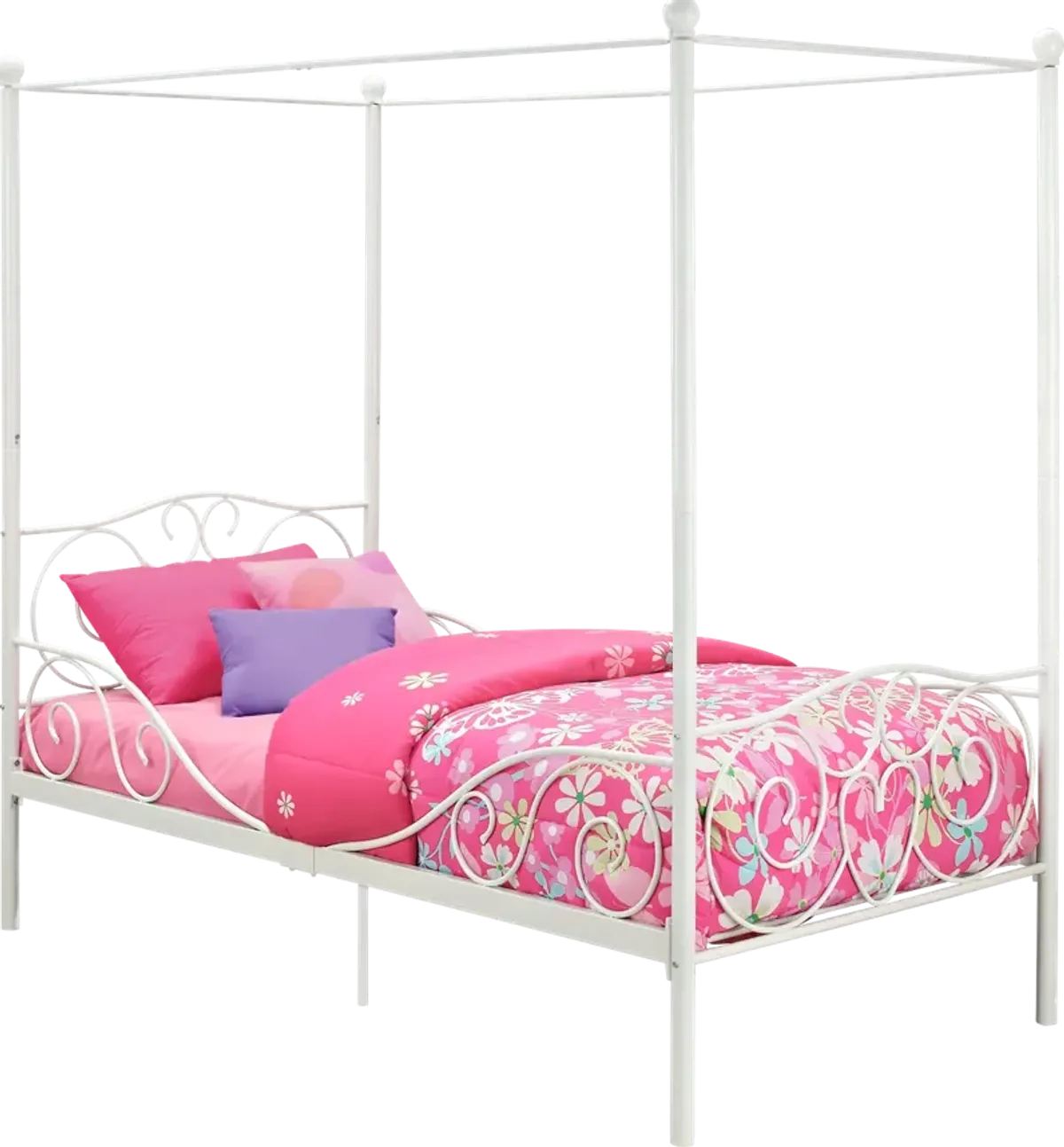 Canopy Metal Bed Frame with Intricate Design Headboard and Secured Slats