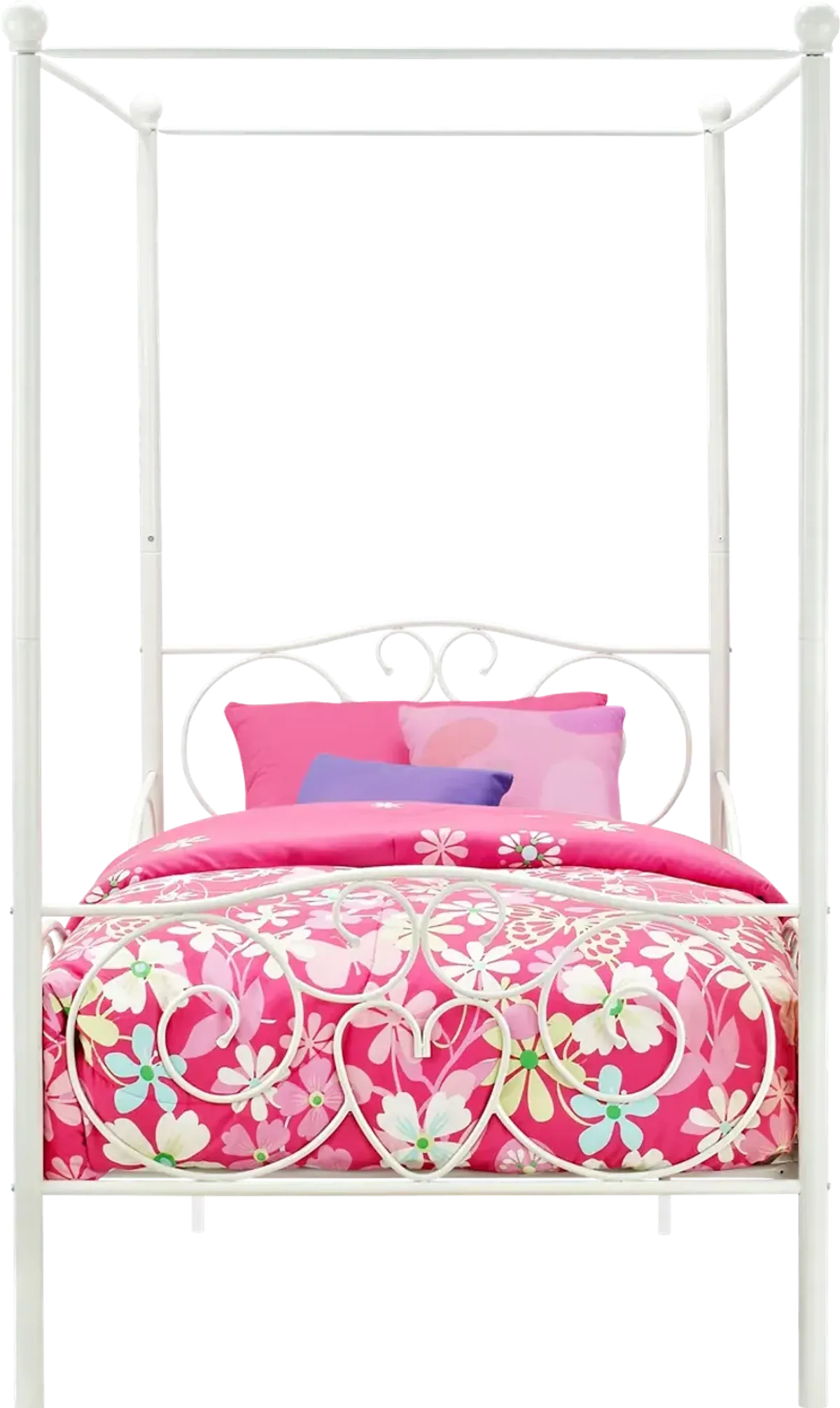 Canopy Metal Bed Frame with Intricate Design Headboard and Secured Slats