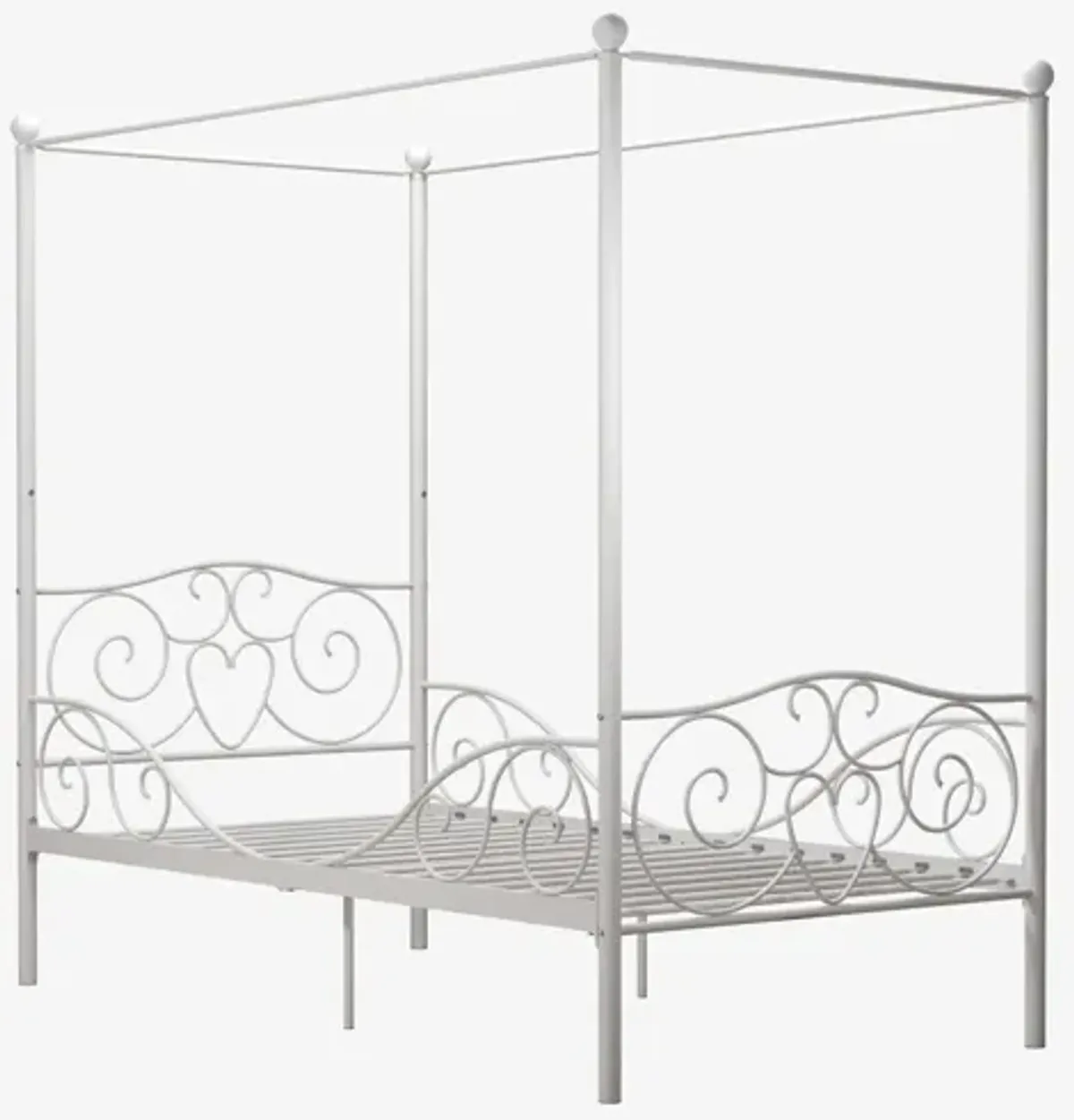 Canopy Metal Bed Frame with Intricate Design Headboard and Secured Slats