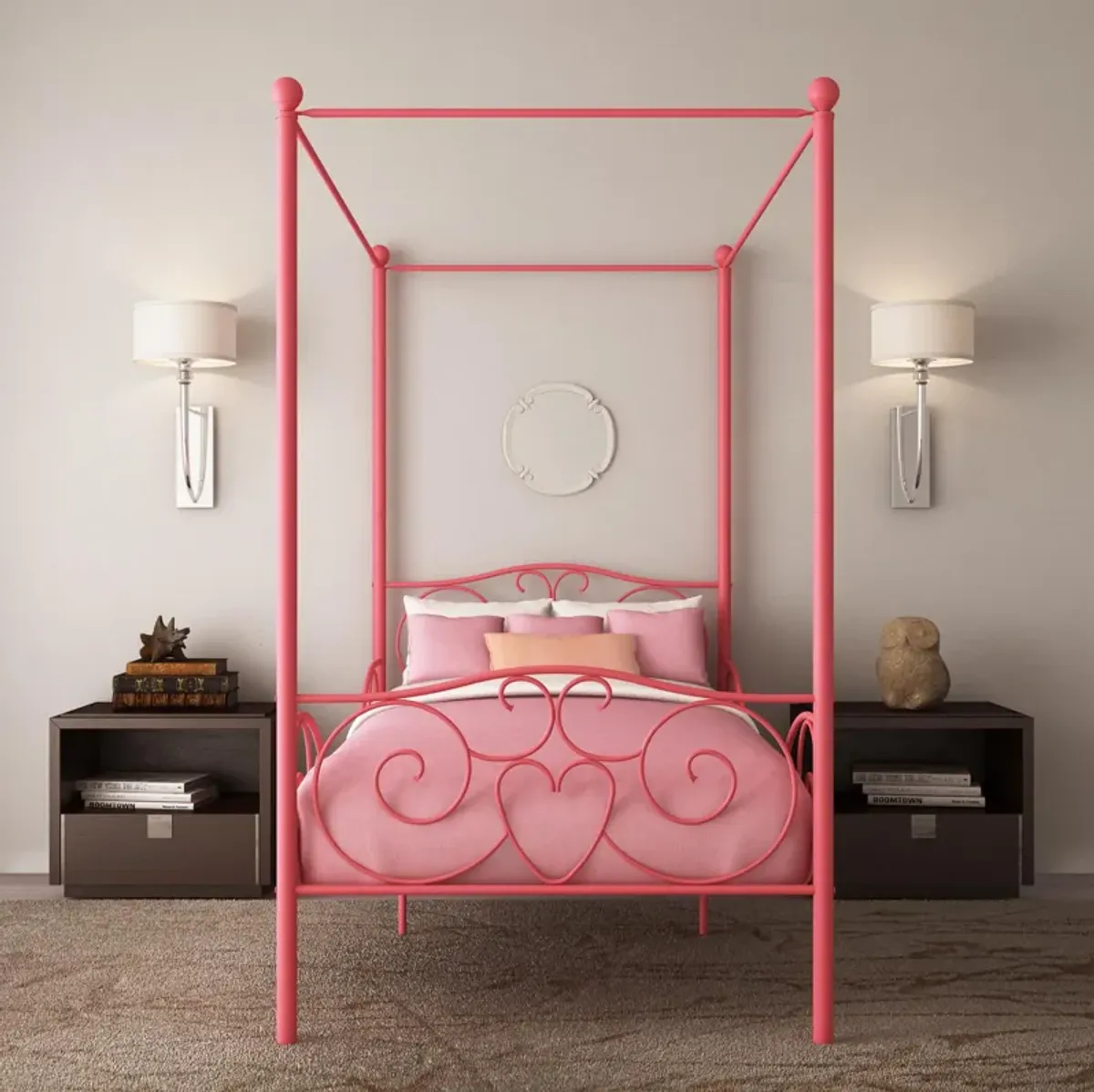 Canopy Metal Bed Frame with Intricate Design Headboard and Secured Slats