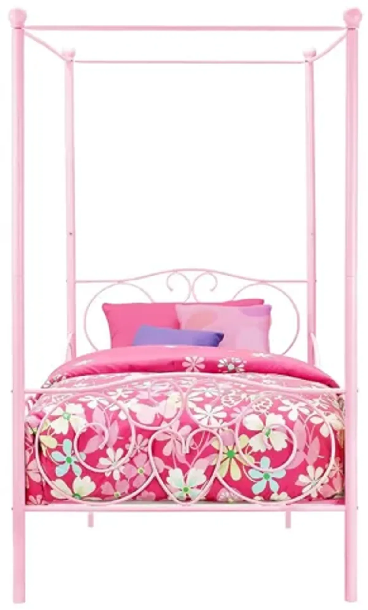 Canopy Metal Bed Frame with Intricate Design Headboard and Secured Slats