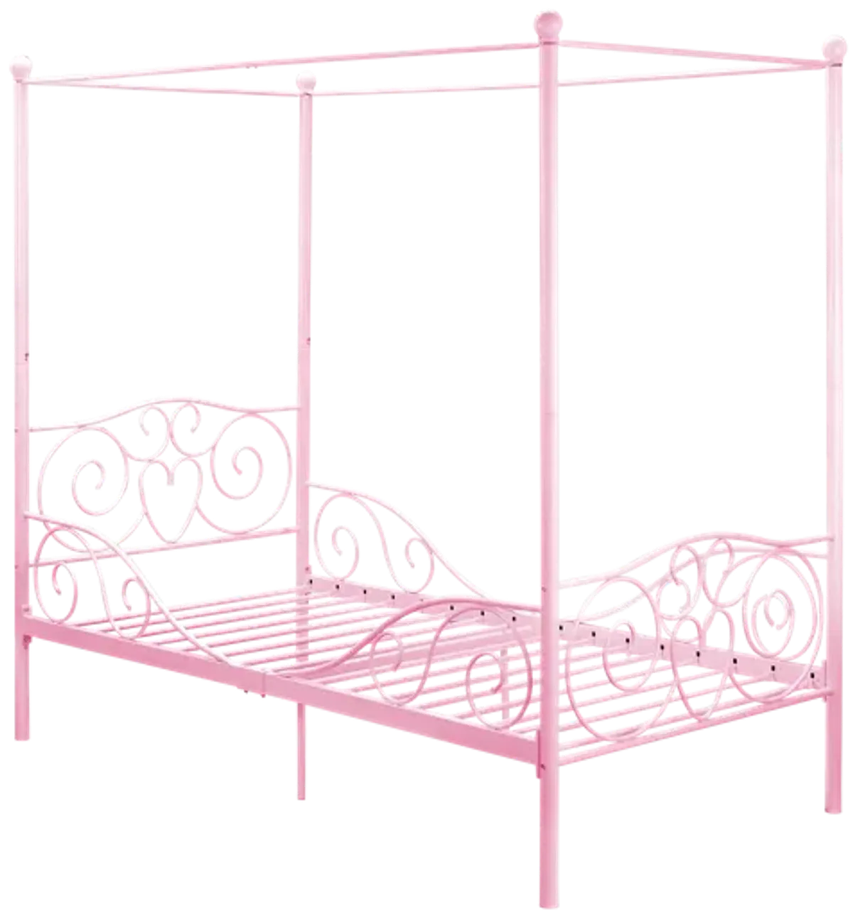 Canopy Metal Bed Frame with Intricate Design Headboard and Secured Slats