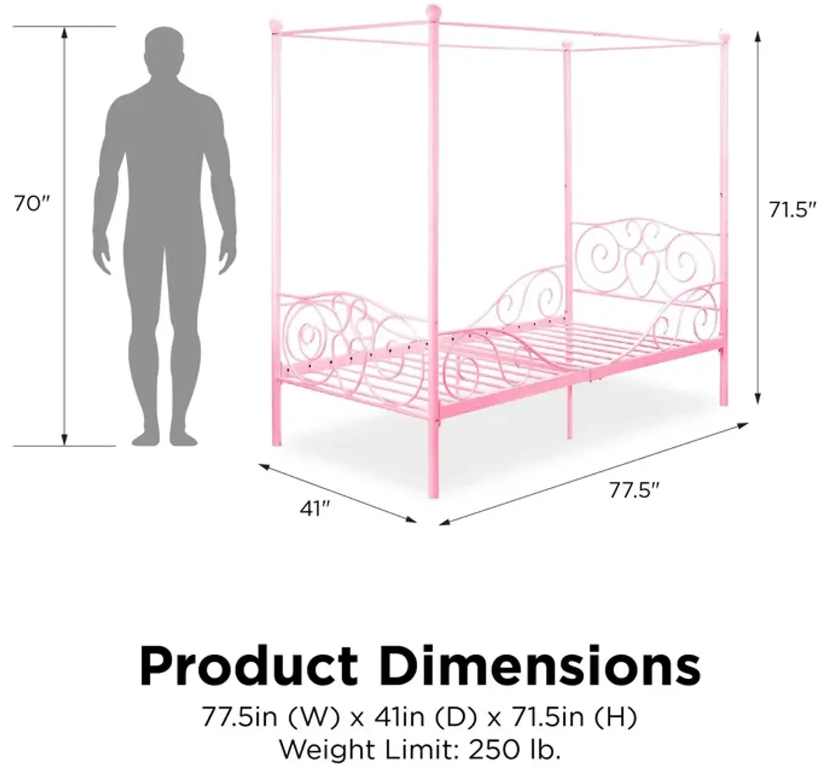 Canopy Metal Bed Frame with Intricate Design Headboard and Secured Slats