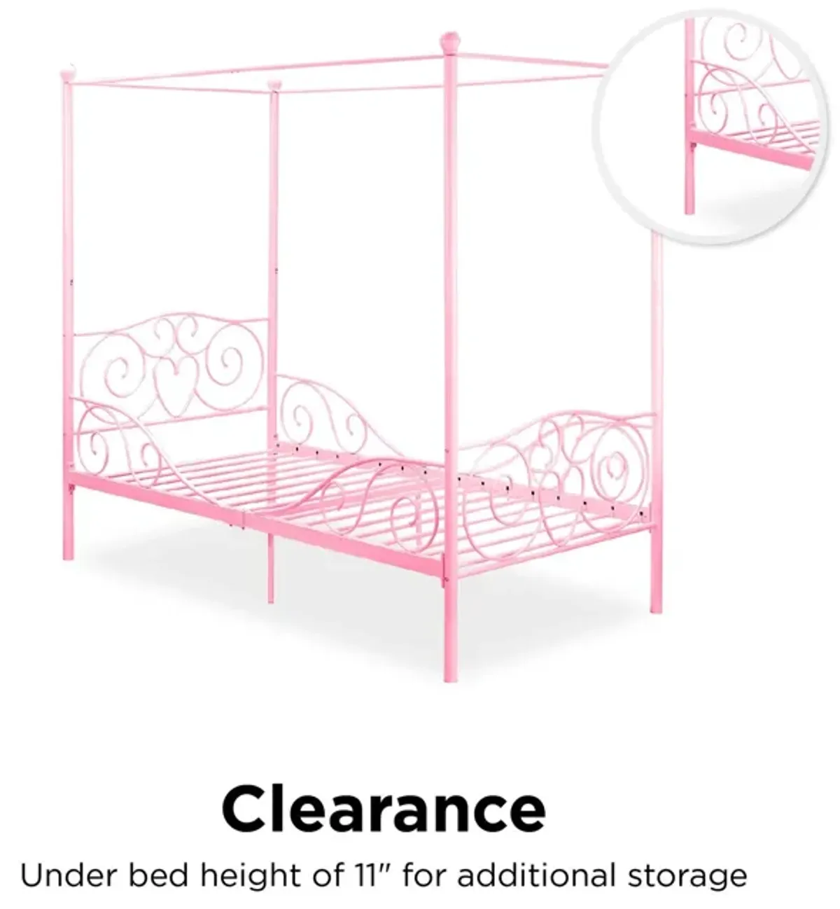 Canopy Metal Bed Frame with Intricate Design Headboard and Secured Slats