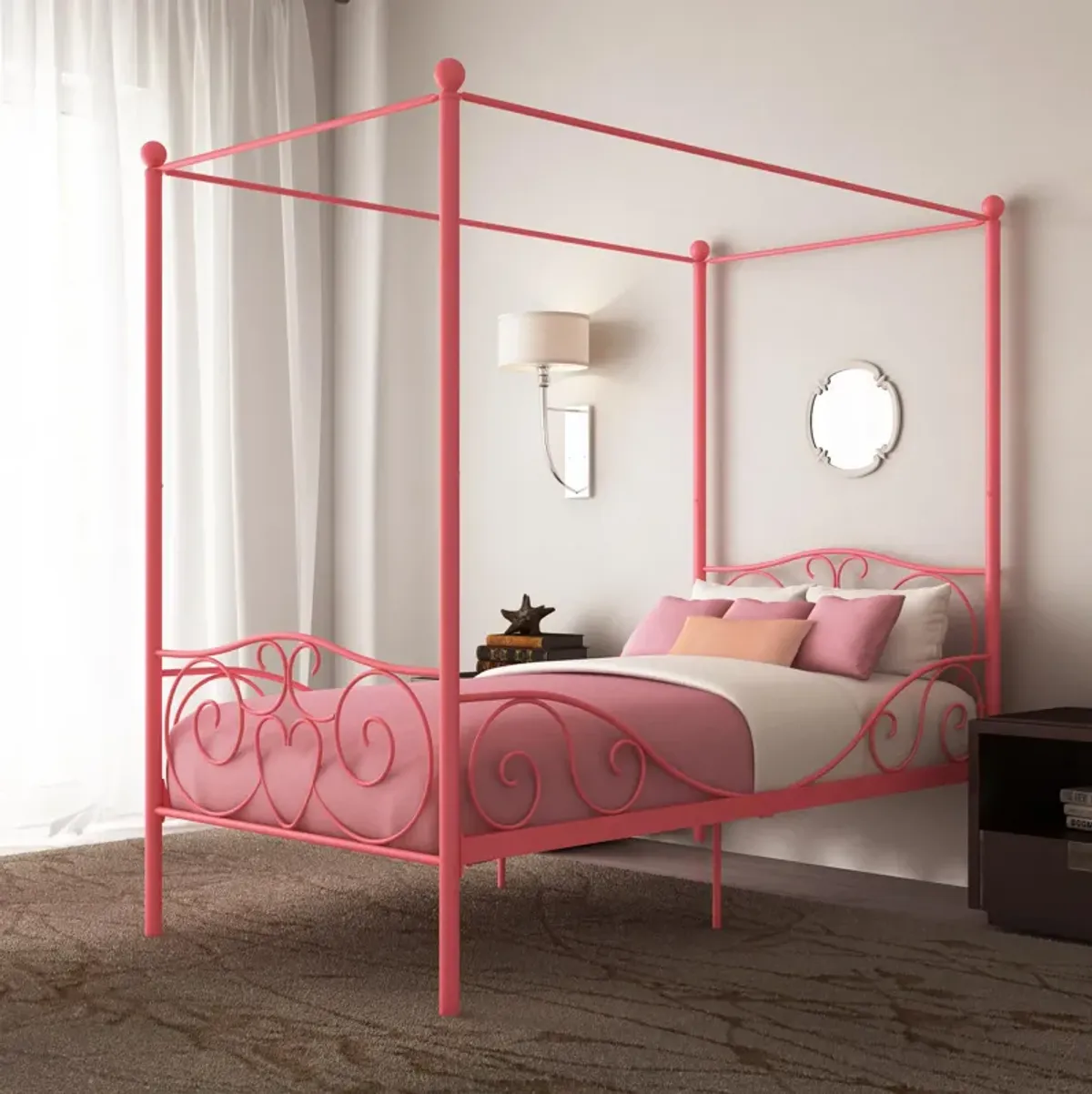 Canopy Metal Bed Frame with Intricate Design Headboard and Secured Slats