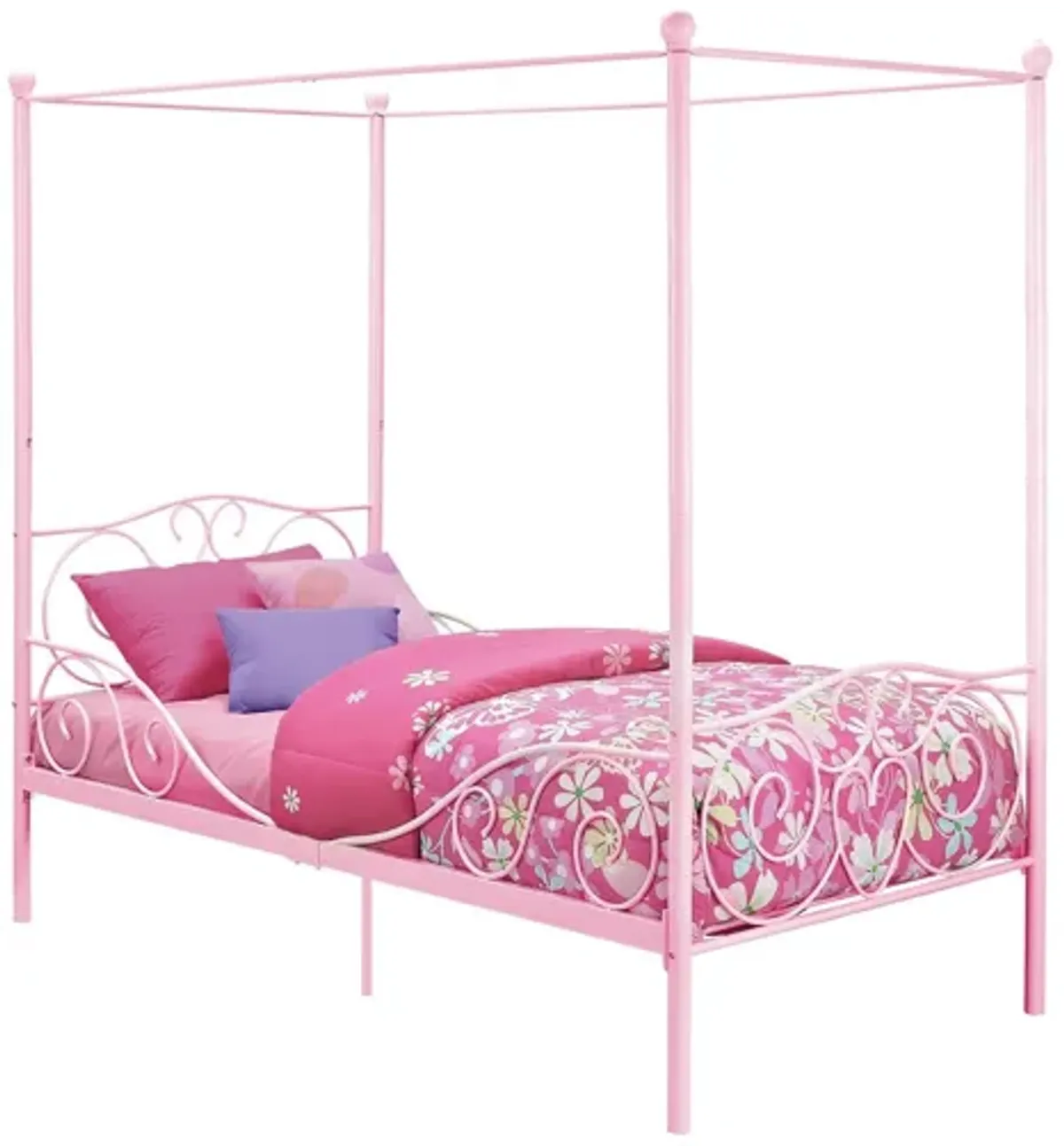 Canopy Metal Bed Frame with Intricate Design Headboard and Secured Slats