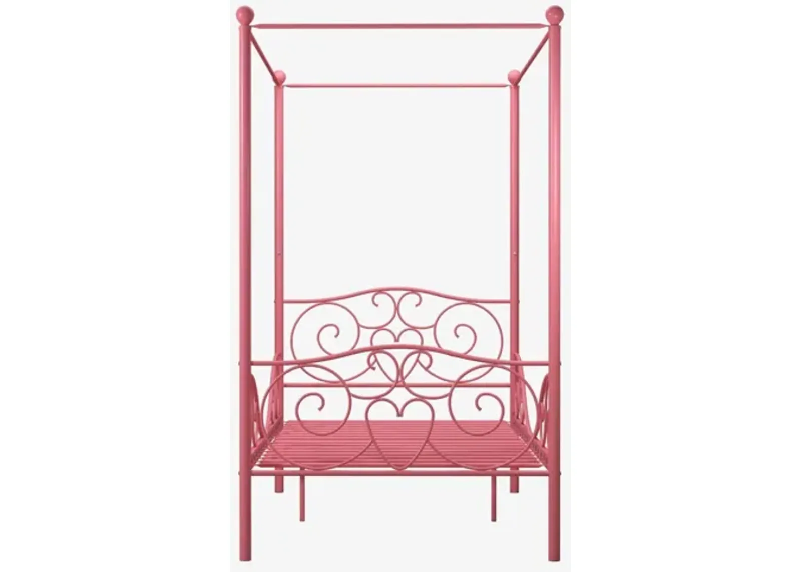 Canopy Metal Bed Frame with Intricate Design Headboard and Secured Slats