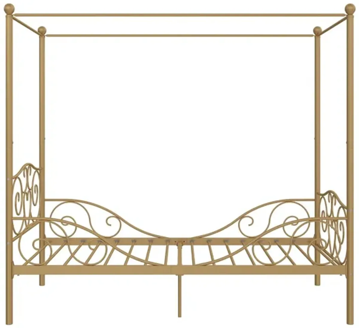 Canopy Metal Bed Frame with Intricate Design Headboard and Secured Slats