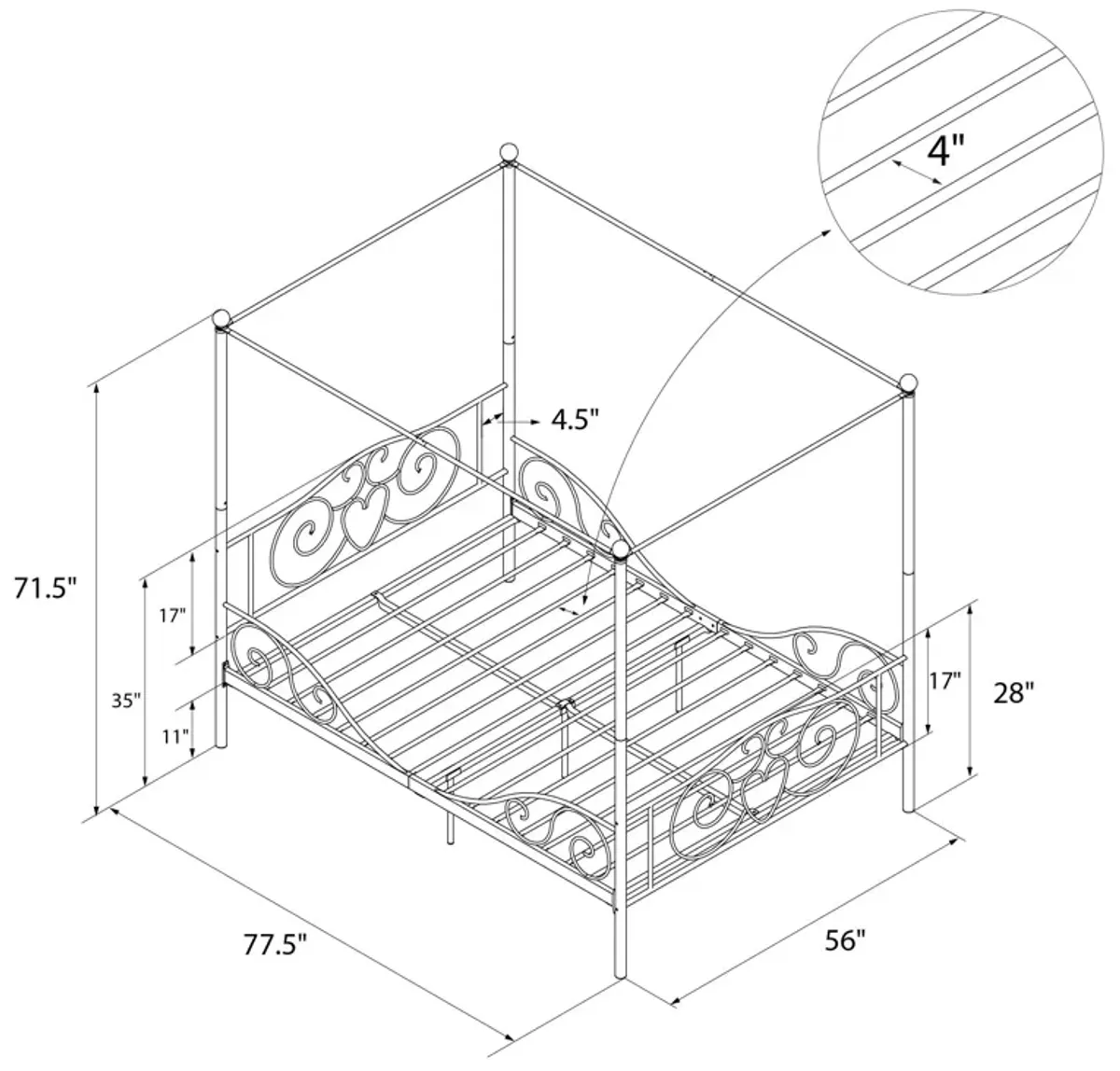 Canopy Metal Bed Frame with Intricate Design Headboard and Secured Slats