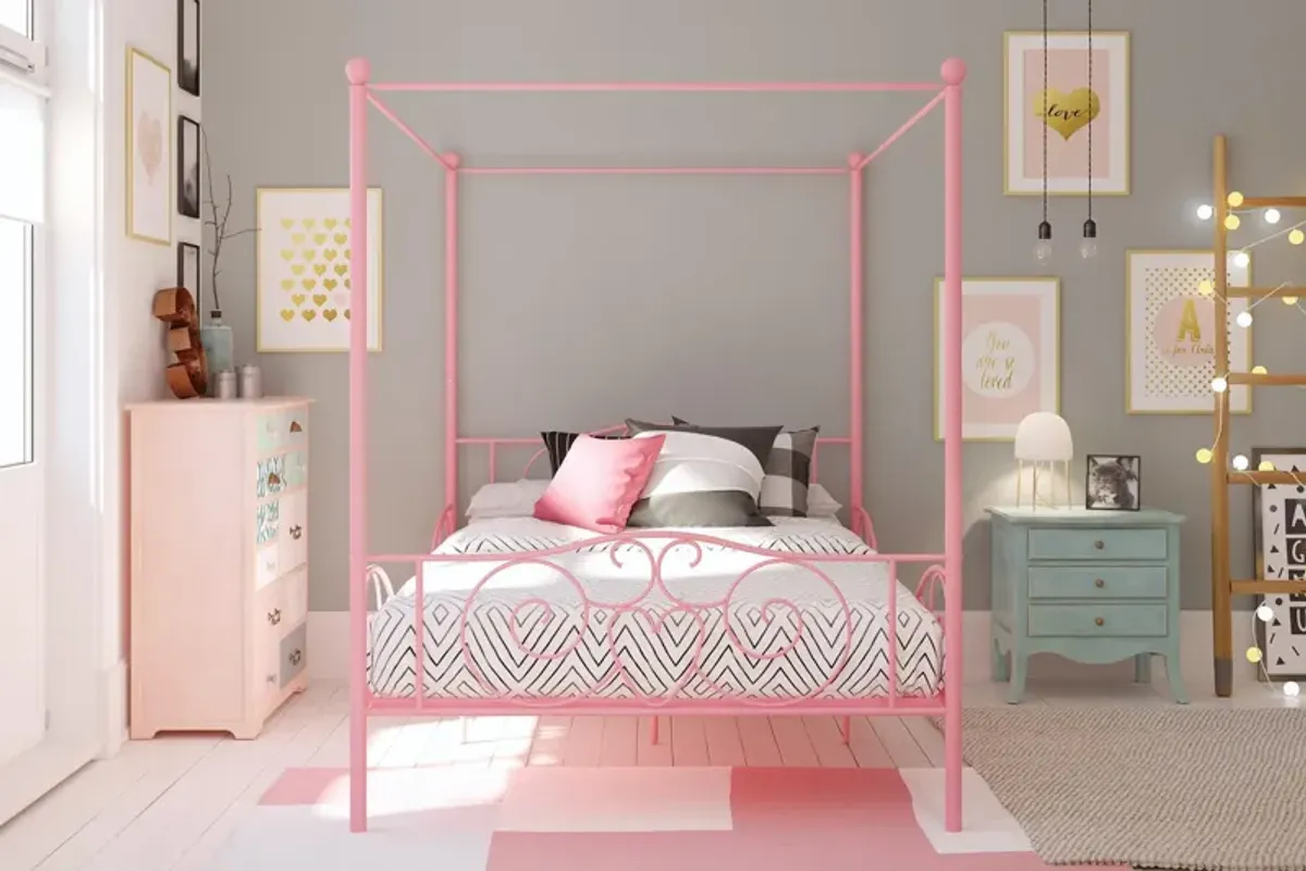 Canopy Metal Bed Frame with Intricate Design Headboard and Secured Slats