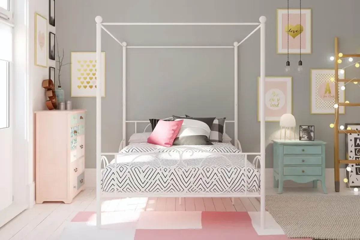 Canopy Metal Bed Frame with Intricate Design Headboard and Secured Slats