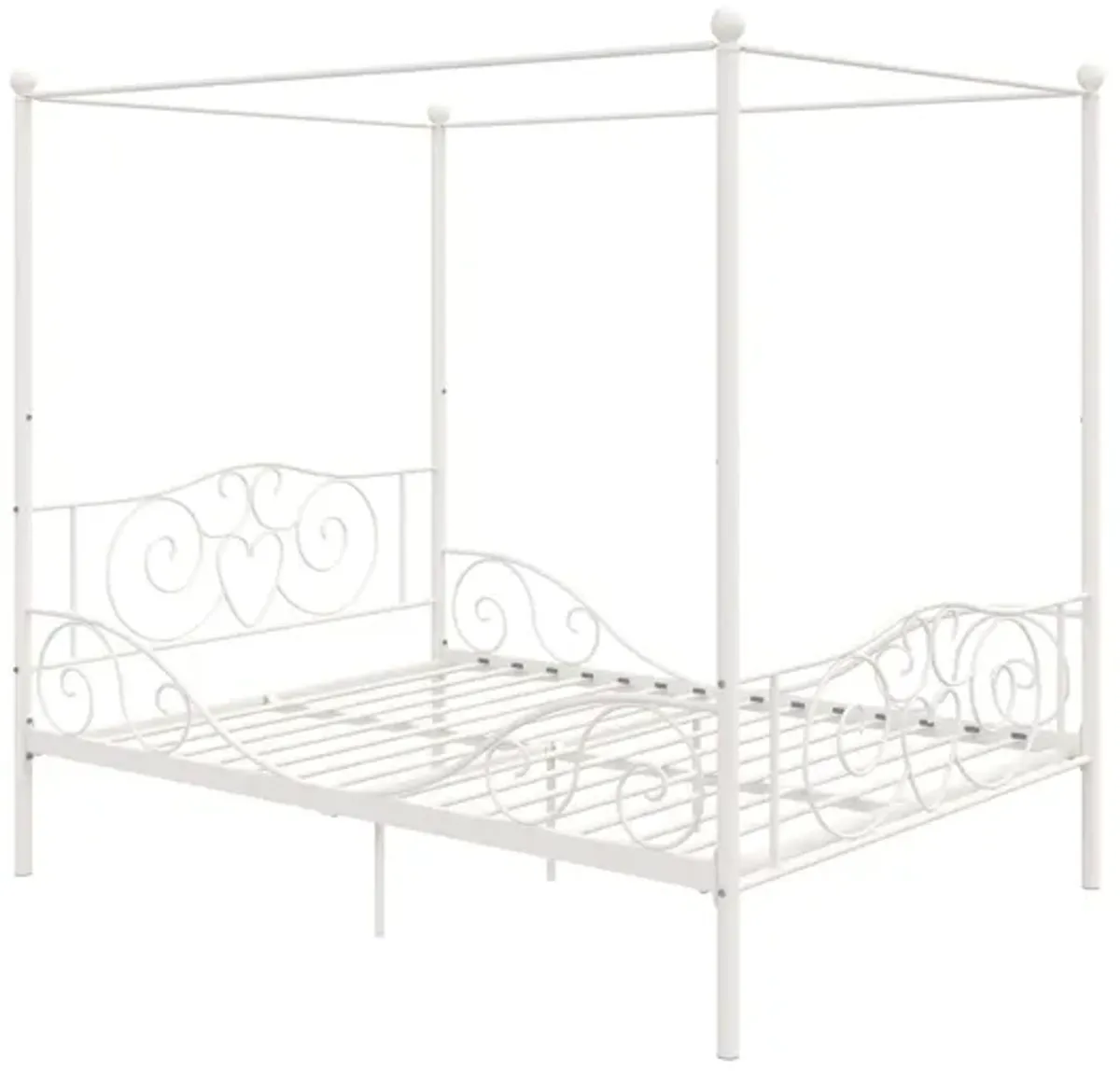 Canopy Metal Bed Frame with Intricate Design Headboard and Secured Slats