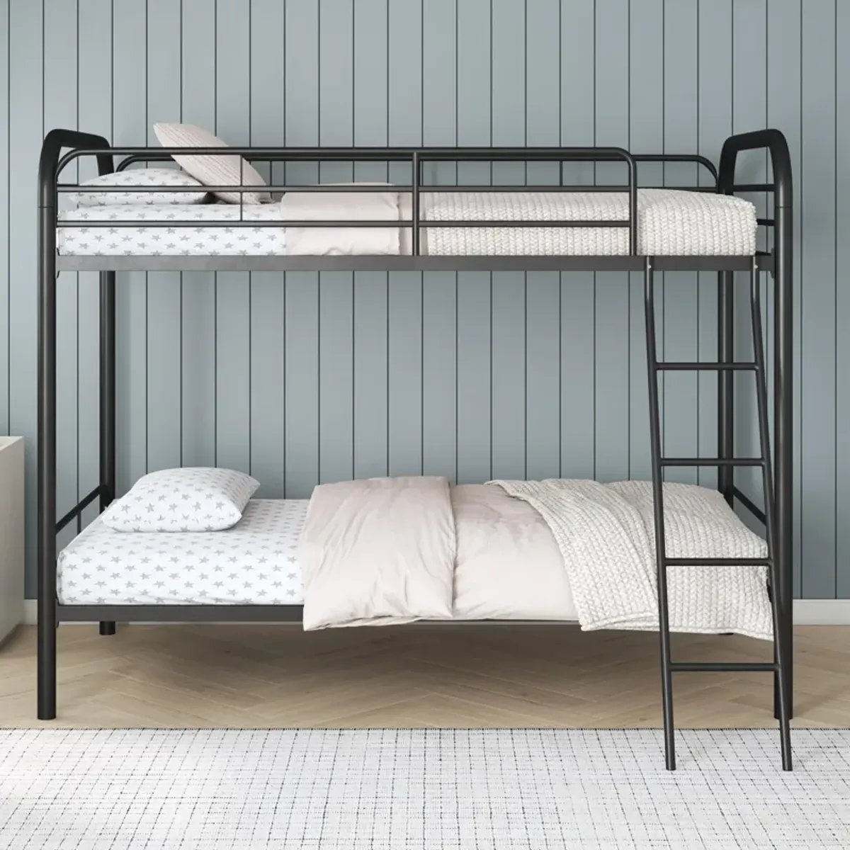 Twin over Twin Metal Bunk Bed with Slanted Front Ladder and Guardrails