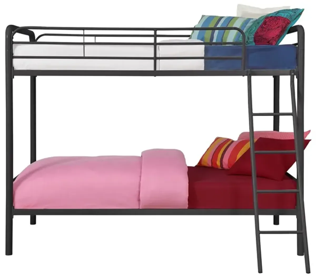 Twin over Twin Metal Bunk Bed with Slanted Front Ladder and Guardrails